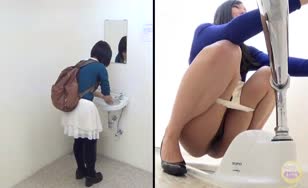 Sweet schoolgirl using a public bathroom