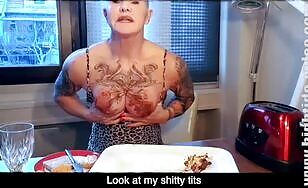 Mature tattooed busty slut eating her poop 