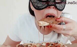 Masked hot chick eating poop pizza 