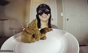 Thick ass and sexy big boobs brunette girl shitting on the plate 