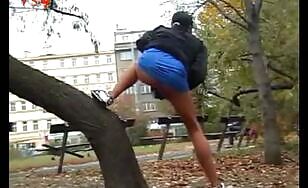 Woman poops in public wearing blue skirt and pantyhose - 08:10